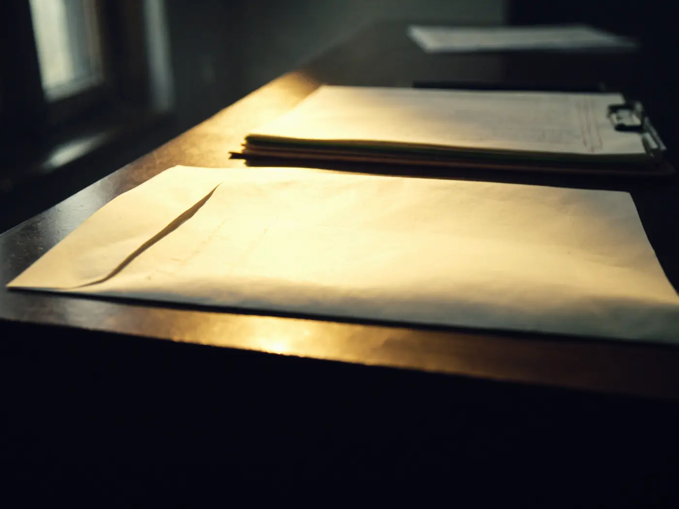Sobre oficial cerrado sobre un escritorio, con luz de la mañana